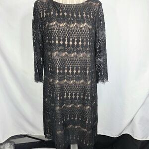 Jessica Howard Black Lace Overlay on Tan Lining Fringe Accents Dress Size 12